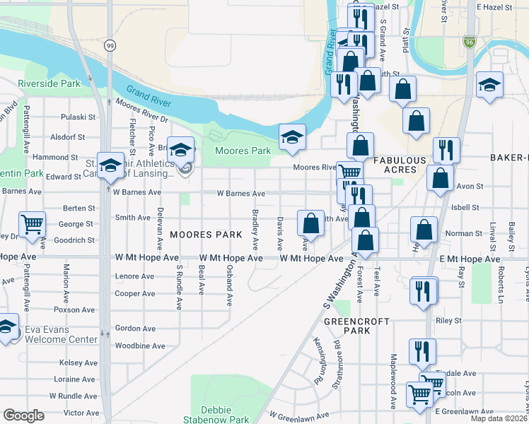 map of restaurants, bars, coffee shops, grocery stores, and more near 418 Smith Avenue in Lansing