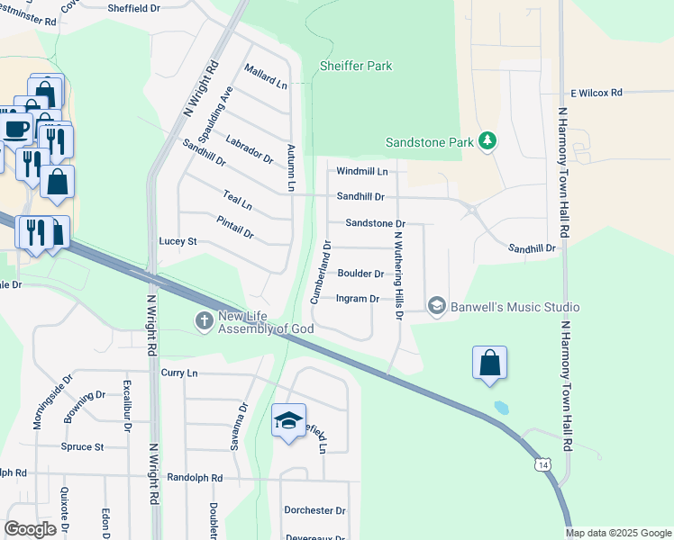 map of restaurants, bars, coffee shops, grocery stores, and more near 4015 Boulder Drive in Janesville