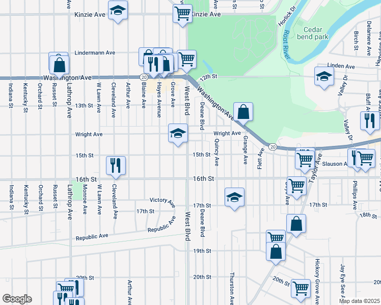map of restaurants, bars, coffee shops, grocery stores, and more near 1439 West Boulevard in Racine
