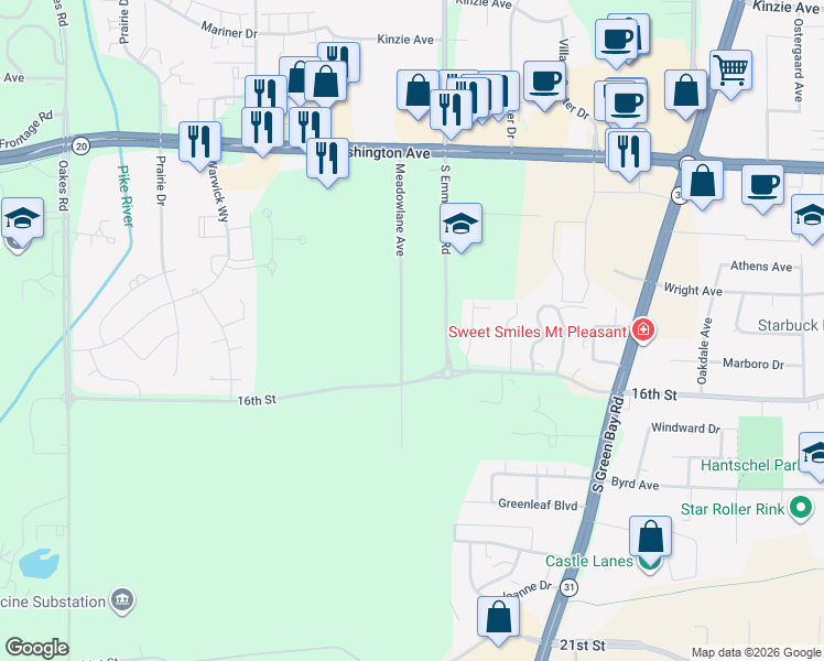 map of restaurants, bars, coffee shops, grocery stores, and more near 1449 Meadow Lane Avenue in Mount Pleasant