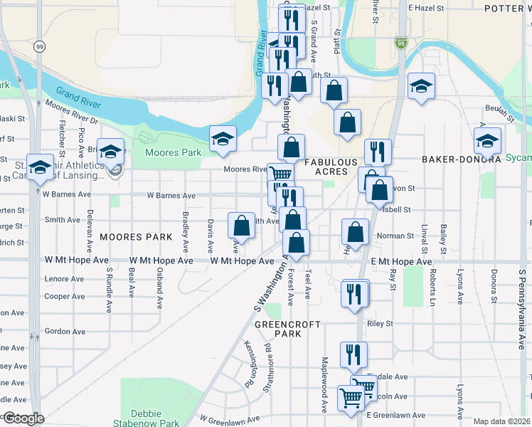 map of restaurants, bars, coffee shops, grocery stores, and more near 1721 Coleman Avenue in Lansing