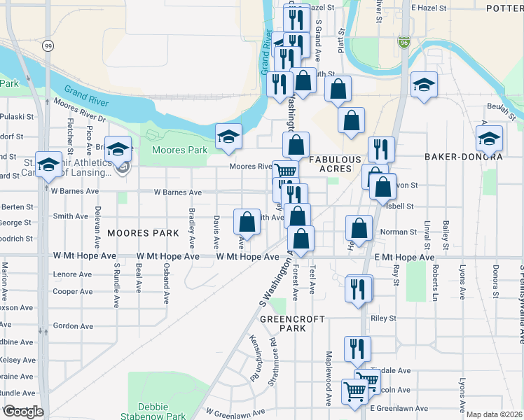 map of restaurants, bars, coffee shops, grocery stores, and more near 122 Smith Avenue in Lansing
