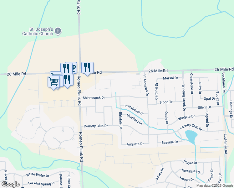 map of restaurants, bars, coffee shops, grocery stores, and more near 17121 Shinnecock Drive in Macomb