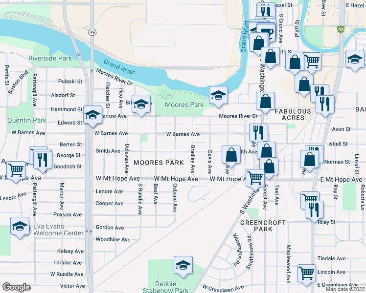 map of restaurants, bars, coffee shops, grocery stores, and more near 516 Smith Avenue in Lansing