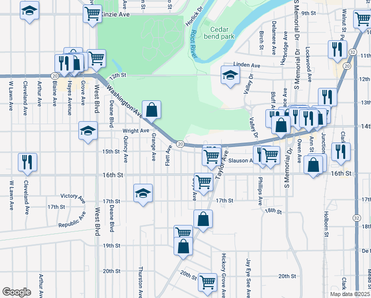 map of restaurants, bars, coffee shops, grocery stores, and more near 2421 Washington Avenue in Racine