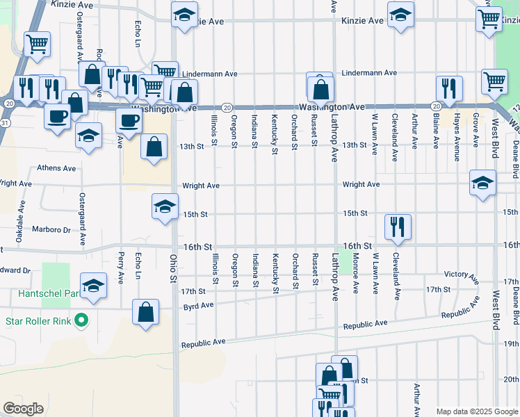map of restaurants, bars, coffee shops, grocery stores, and more near 1435 Indiana Street in Racine