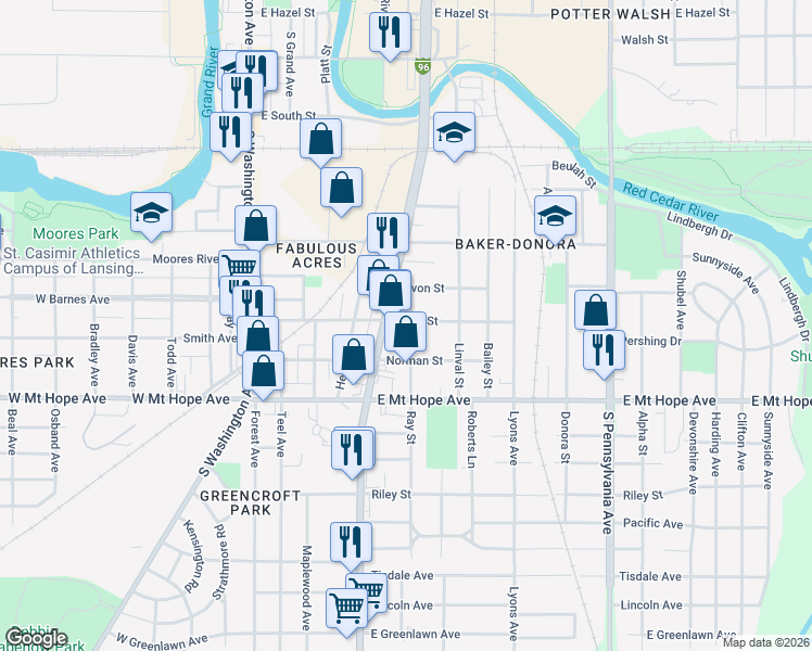map of restaurants, bars, coffee shops, grocery stores, and more near 516 Isbell Street in Lansing