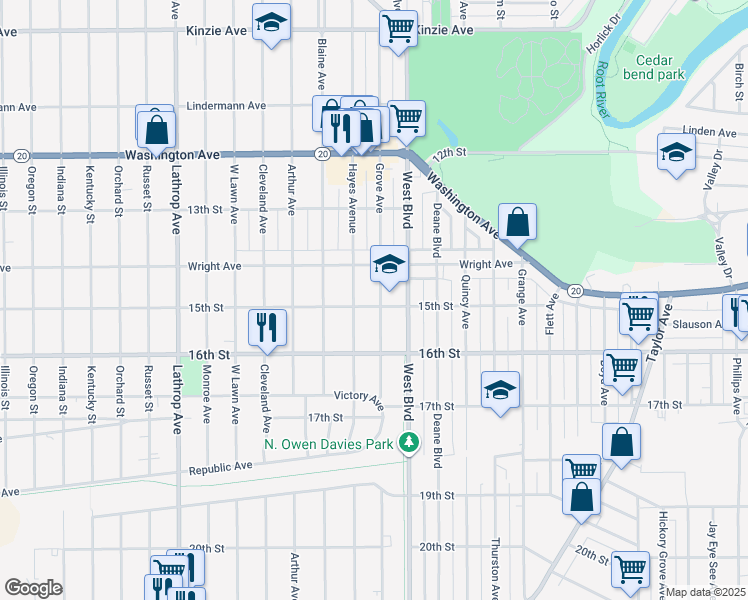 map of restaurants, bars, coffee shops, grocery stores, and more near 1430 Grove Avenue in Racine