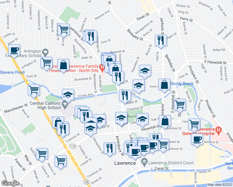 map of restaurants, bars, coffee shops, grocery stores, and more near 174 Lawrence Street in Lawrence