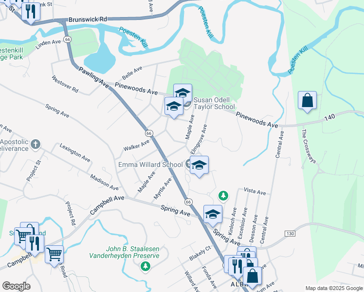 map of restaurants, bars, coffee shops, grocery stores, and more near 123 Maple Avenue in Troy