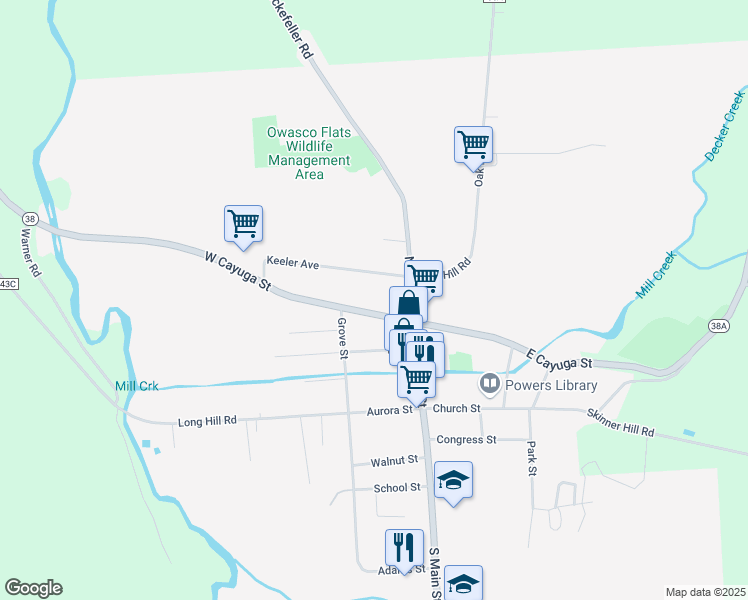 map of restaurants, bars, coffee shops, grocery stores, and more near 12 West Cayuga Street in Moravia