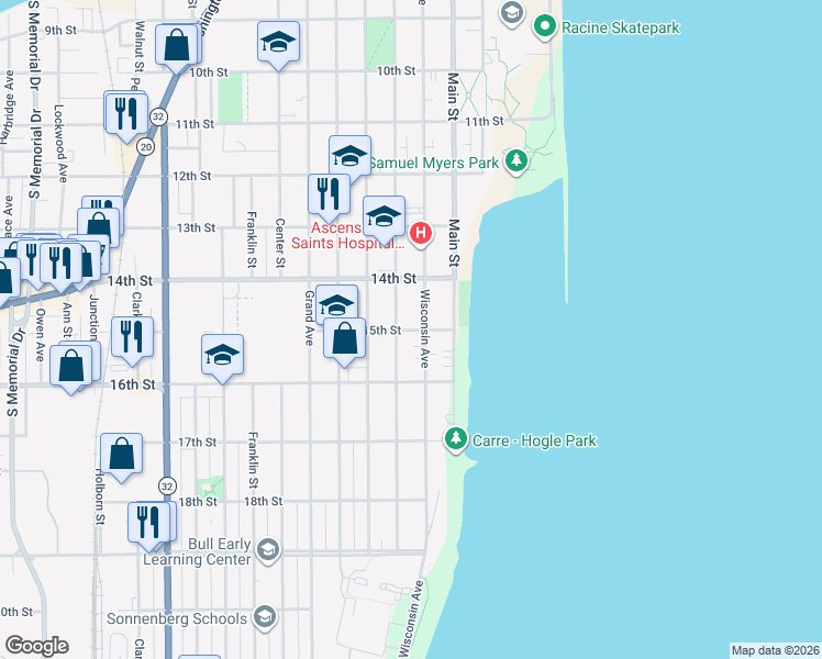 map of restaurants, bars, coffee shops, grocery stores, and more near 1501 College Avenue in Racine