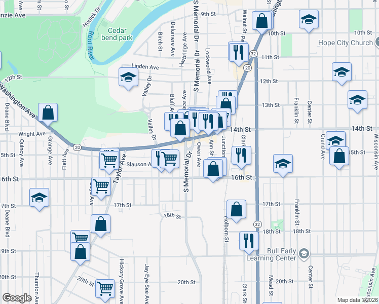 map of restaurants, bars, coffee shops, grocery stores, and more near 1515 South Memorial Drive in Racine