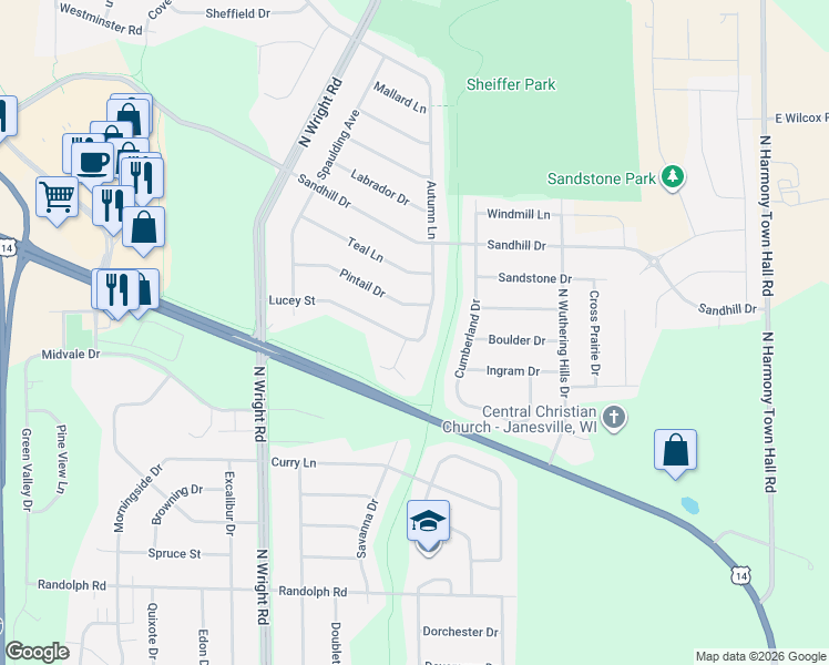 map of restaurants, bars, coffee shops, grocery stores, and more near 3909 Lucey Street in Janesville