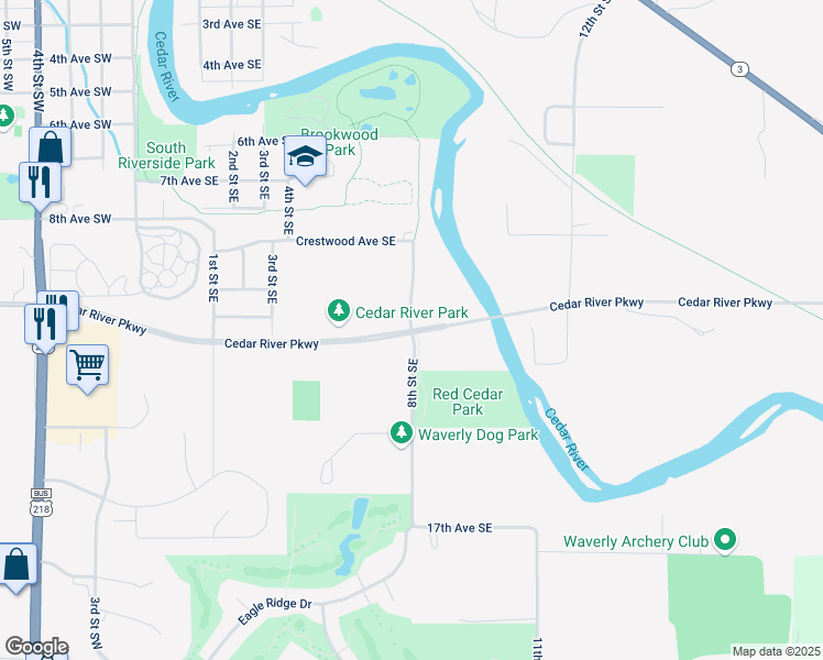 map of restaurants, bars, coffee shops, grocery stores, and more near Cedar River Parkway in Waverly