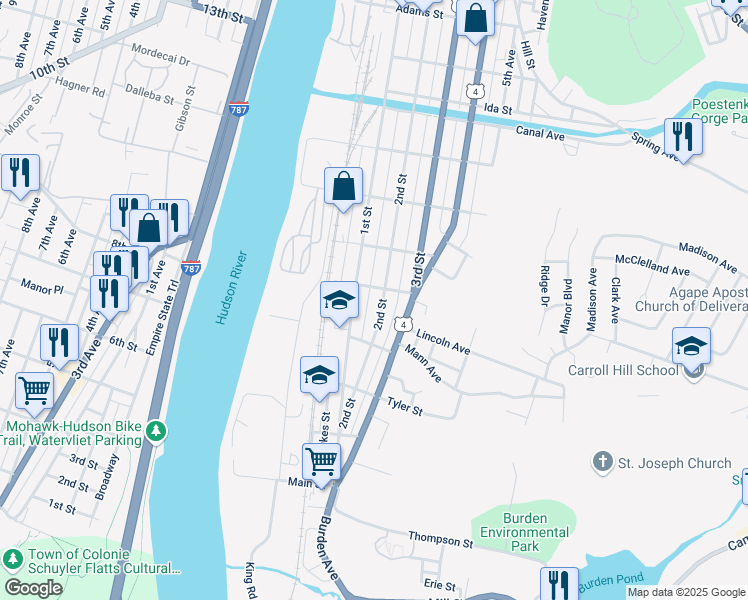 map of restaurants, bars, coffee shops, grocery stores, and more near 452 2nd Street in Troy