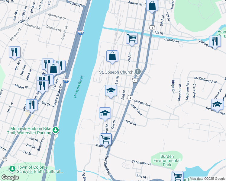 map of restaurants, bars, coffee shops, grocery stores, and more near 430 1st Street in Troy