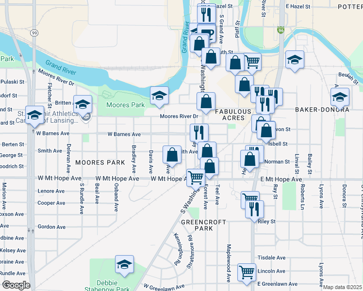 map of restaurants, bars, coffee shops, grocery stores, and more near 220 Smith Avenue in Lansing