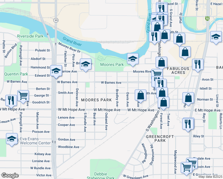 map of restaurants, bars, coffee shops, grocery stores, and more near 516 Smith Avenue in Lansing