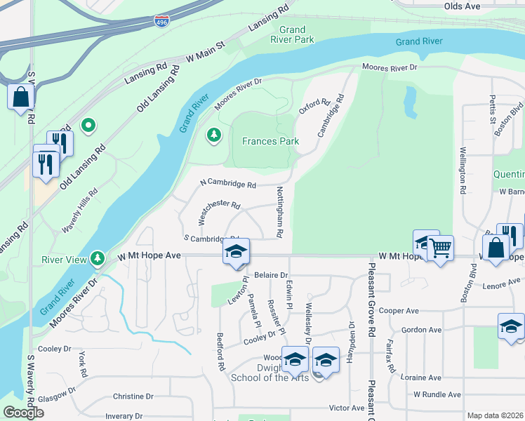 map of restaurants, bars, coffee shops, grocery stores, and more near 2828 Westchester Road in Lansing