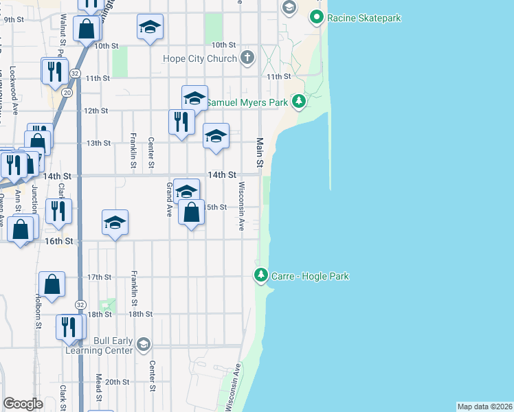 map of restaurants, bars, coffee shops, grocery stores, and more near 211 15th Street in Racine