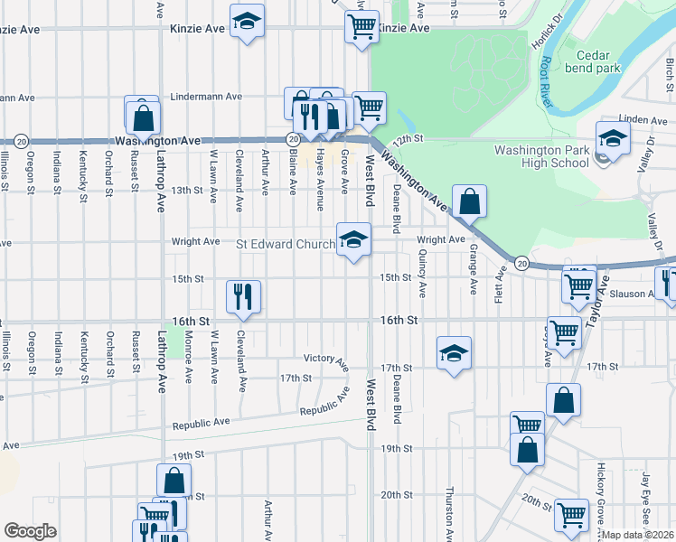 map of restaurants, bars, coffee shops, grocery stores, and more near 1430 Grove Avenue in Racine