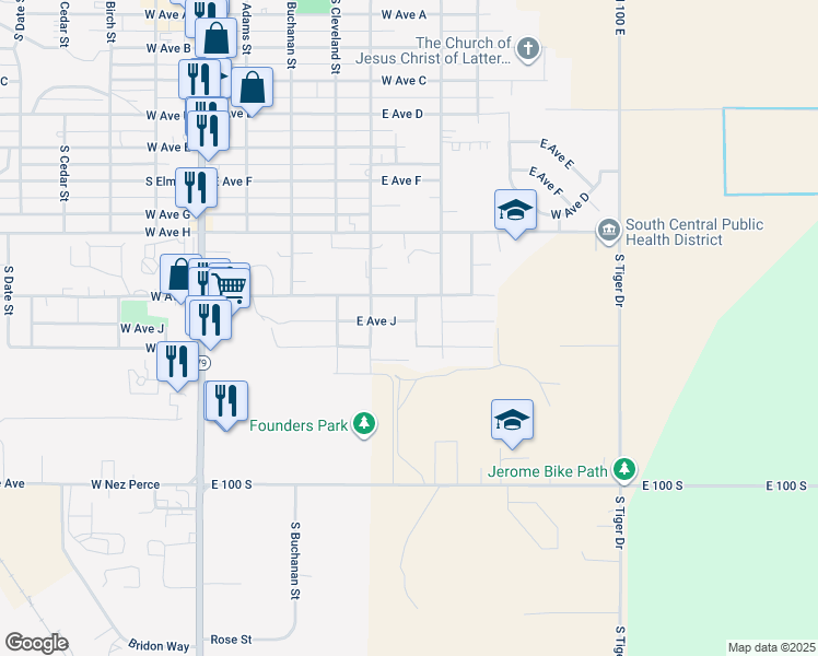 map of restaurants, bars, coffee shops, grocery stores, and more near 527 East Avenue J in Jerome