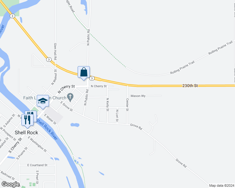 map of restaurants, bars, coffee shops, grocery stores, and more near 920 North Cherry Street in Shell Rock