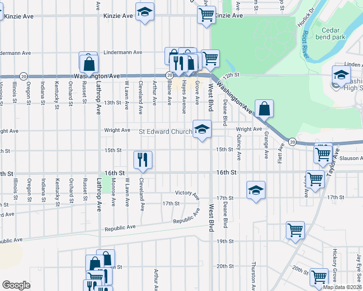 map of restaurants, bars, coffee shops, grocery stores, and more near 3312 15th Street in Racine