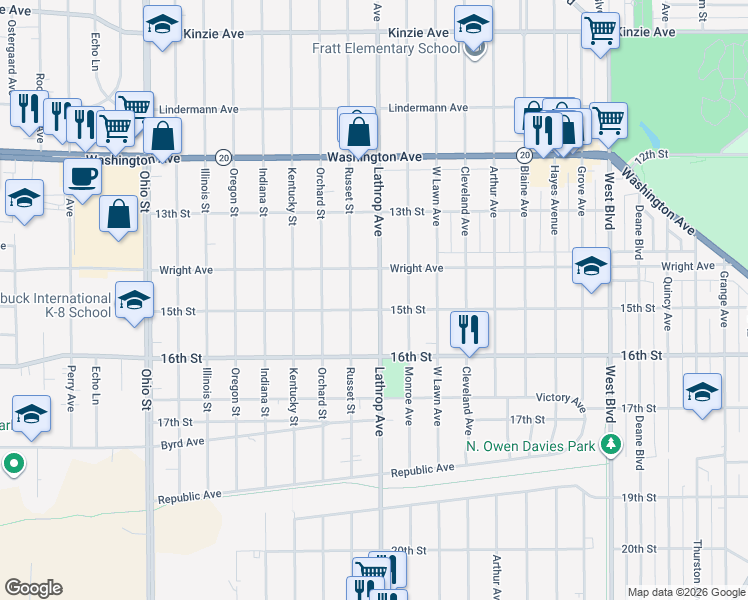 map of restaurants, bars, coffee shops, grocery stores, and more near 1438 Lathrop Avenue in Racine