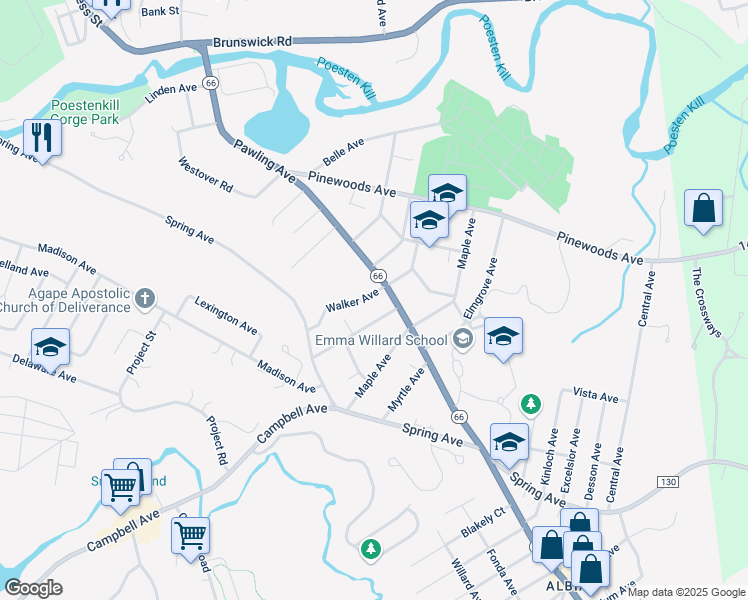 map of restaurants, bars, coffee shops, grocery stores, and more near 4 Walker Avenue in Troy