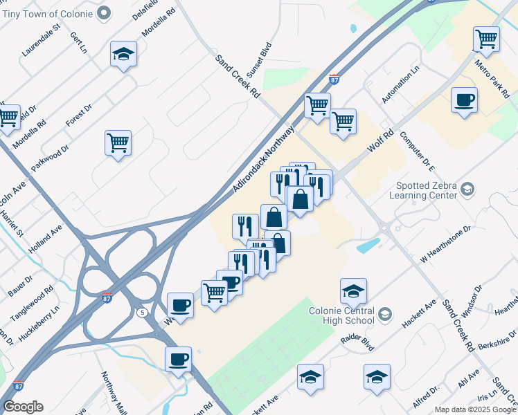 map of restaurants, bars, coffee shops, grocery stores, and more near 50 Wolf Road in Albany
