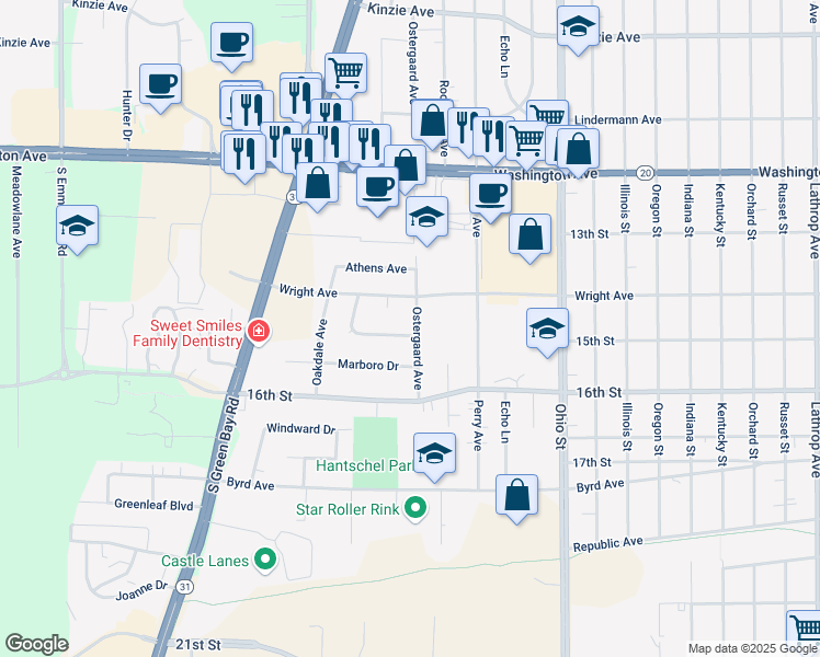 map of restaurants, bars, coffee shops, grocery stores, and more near 1428 Ostergaard Avenue in Racine