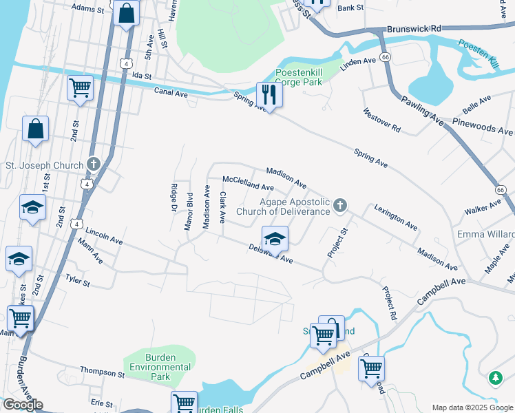 map of restaurants, bars, coffee shops, grocery stores, and more near 7 Manning Avenue in Troy