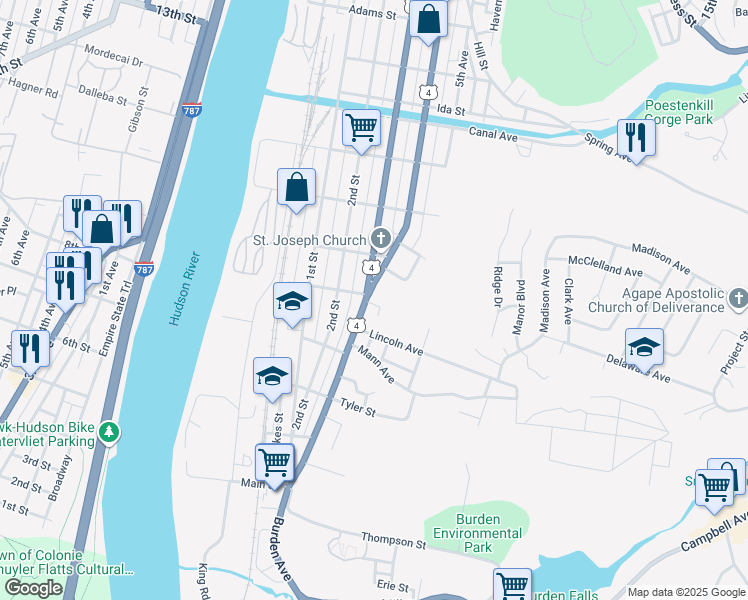 map of restaurants, bars, coffee shops, grocery stores, and more near 502 4th Street in Troy
