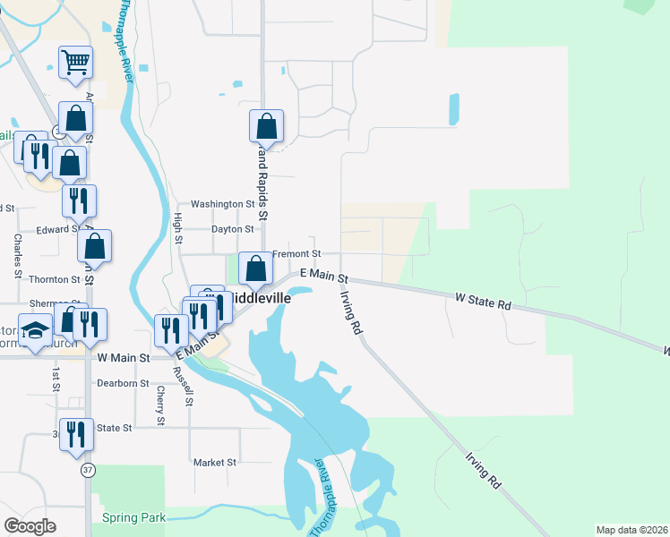 map of restaurants, bars, coffee shops, grocery stores, and more near 138 Sheridan Street in Middleville