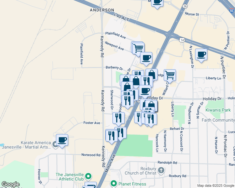 map of restaurants, bars, coffee shops, grocery stores, and more near 1513 Primrose Lane in Janesville