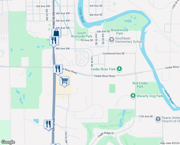 map of restaurants, bars, coffee shops, grocery stores, and more near 1202 1st Street Southeast in Waverly