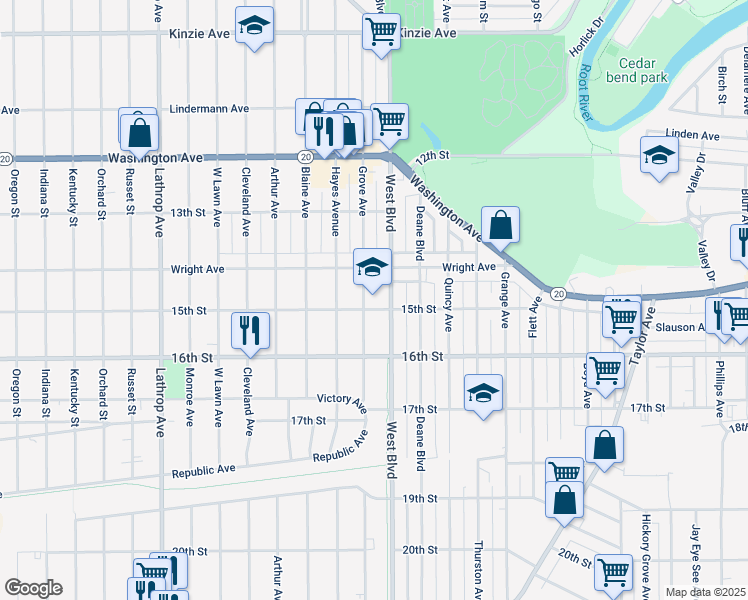 map of restaurants, bars, coffee shops, grocery stores, and more near 1435 Grove Avenue in Racine