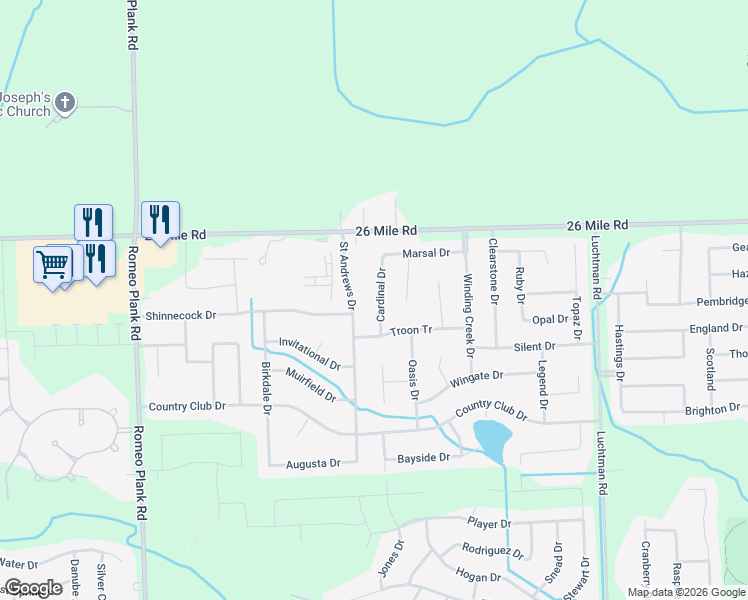 map of restaurants, bars, coffee shops, grocery stores, and more near 56692 Saint Andrews Drive in Macomb
