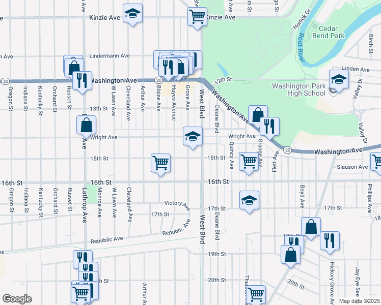 map of restaurants, bars, coffee shops, grocery stores, and more near 1435 Grove Avenue in Racine