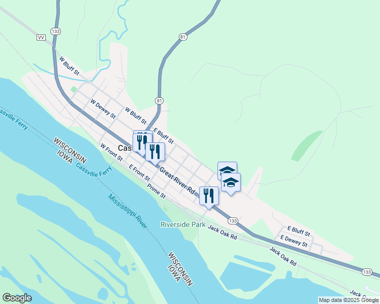 map of restaurants, bars, coffee shops, grocery stores, and more near 321 East Bluff Street in Cassville