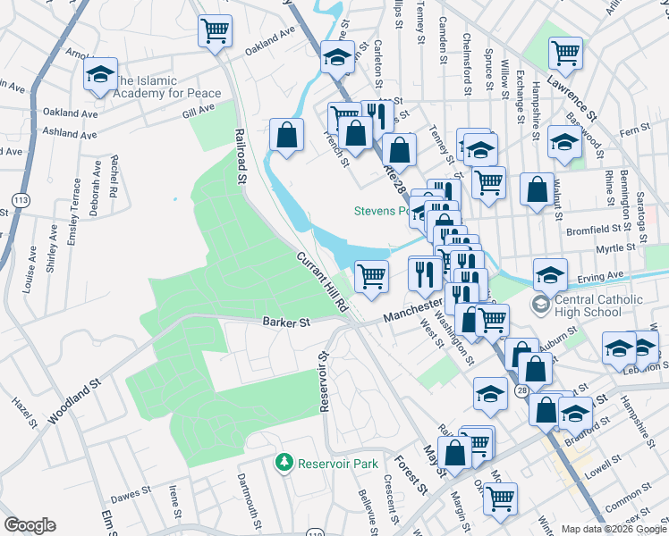 map of restaurants, bars, coffee shops, grocery stores, and more near 43-59 Currant Hill Rd in Lawrence