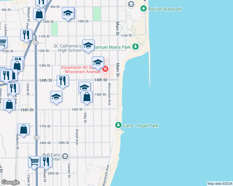 map of restaurants, bars, coffee shops, grocery stores, and more near 211 15th Street in Racine