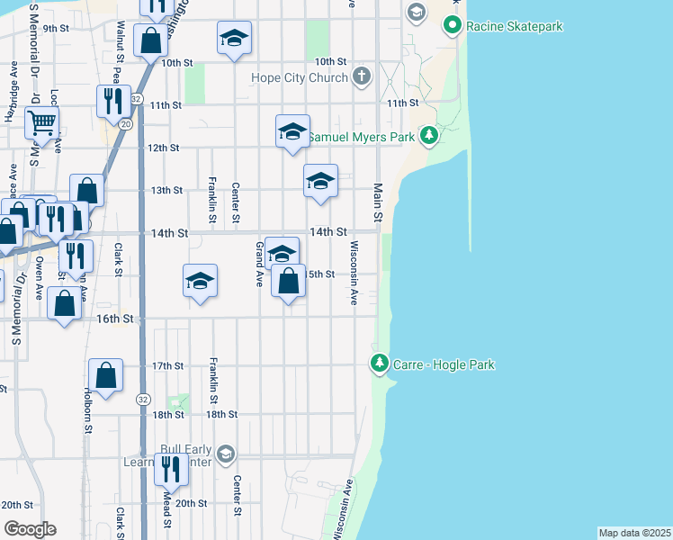 map of restaurants, bars, coffee shops, grocery stores, and more near 1501 College Avenue in Racine