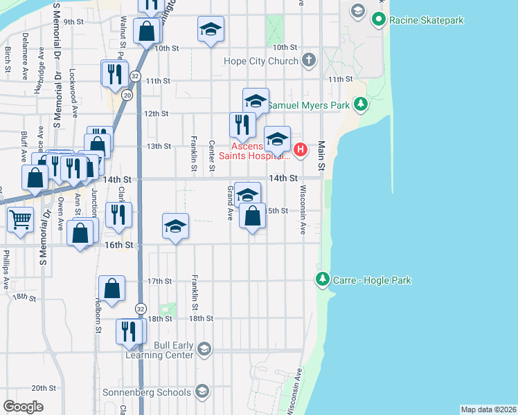 map of restaurants, bars, coffee shops, grocery stores, and more near 1500 Park Avenue in Racine