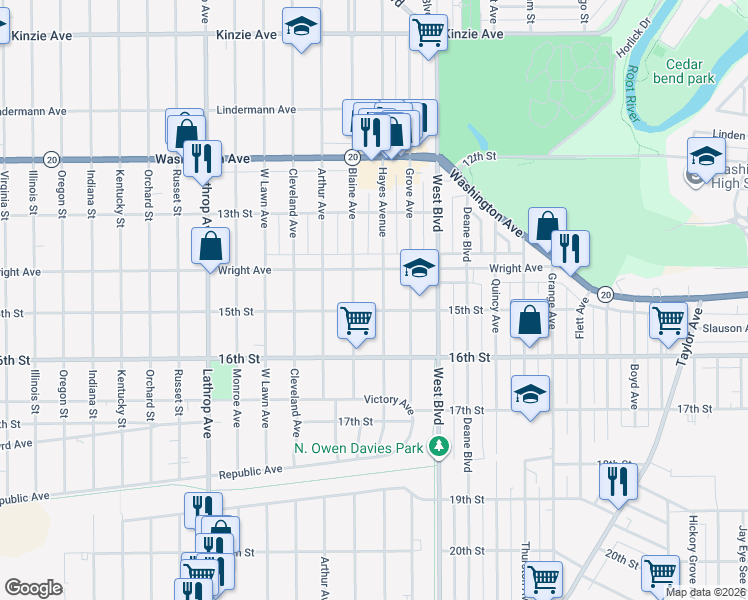 map of restaurants, bars, coffee shops, grocery stores, and more near 3312 15th Street in Racine
