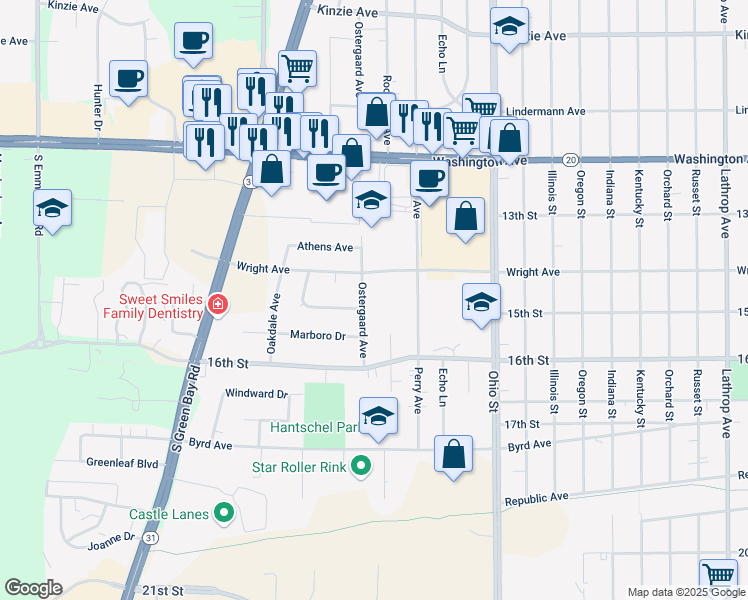 map of restaurants, bars, coffee shops, grocery stores, and more near 1428 Ostergaard Avenue in Racine