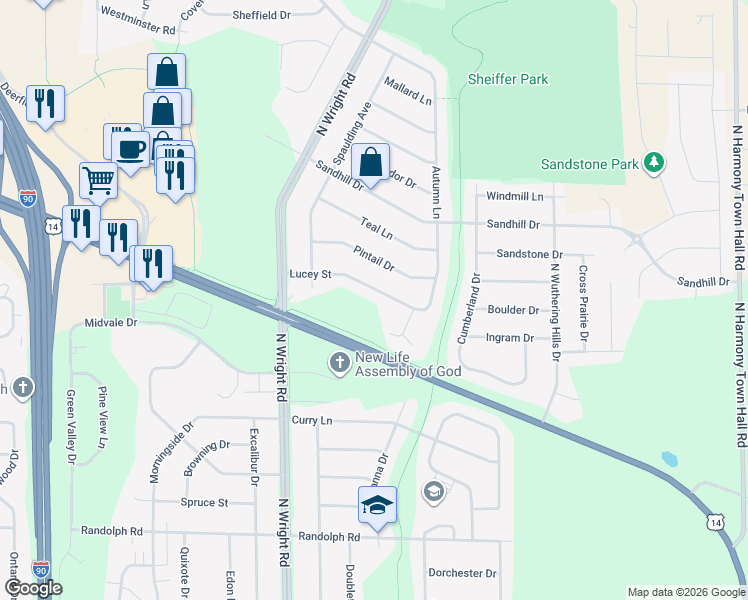 map of restaurants, bars, coffee shops, grocery stores, and more near 3850 Lucey Street in Janesville