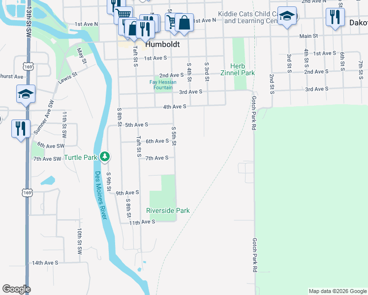 map of restaurants, bars, coffee shops, grocery stores, and more near 600-698 South 5th Street in Humboldt